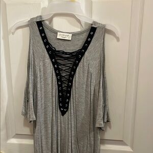 Lovestitch Gray Top with Black Lace-Up Detail